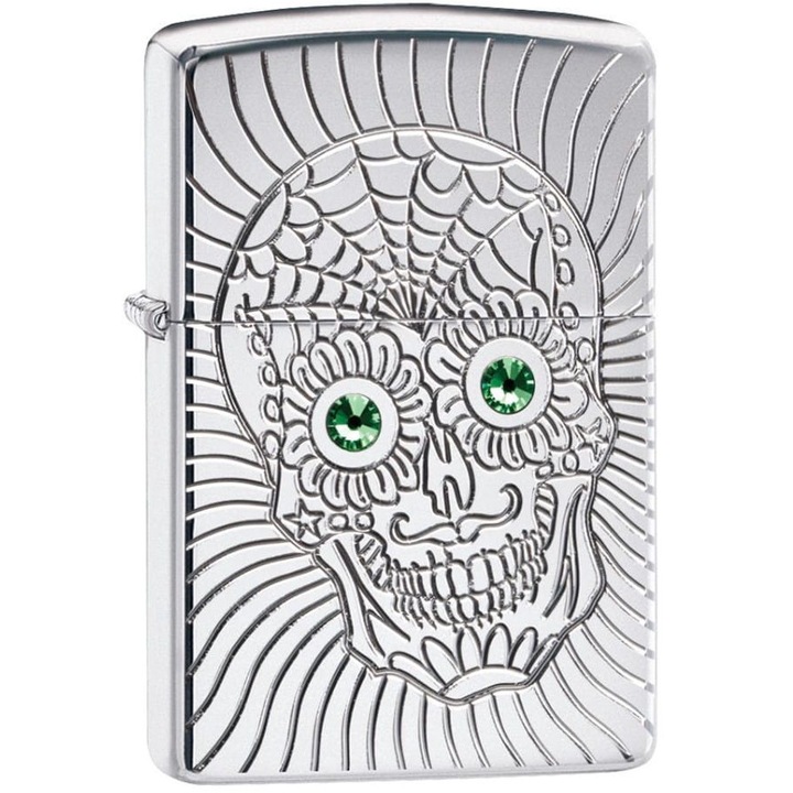 Bricheta Zippo, design Sugar Skull, cristale Swarovski, Armor High Polish, colectie 2019