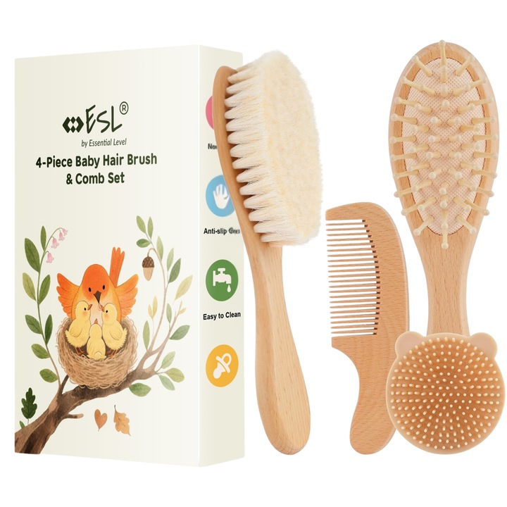 Set de 4 perii si piepteni pentru bebelus ESL By Essential Level®i, perie din lemn pentru bebelusi cu par natural de capra ultra moale, perie de par pentru bebelusi pentru nou-nascuti, set de perii bebelusi pentru baieti si fete
