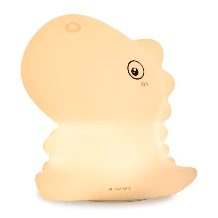 Lampa de veghe pentru copii, Navaris, design dinozaur, 10,5x10 x14,5 cm, multicolora, reincarcabila prin USB, cronometru, silicon BPA-free, touch-control