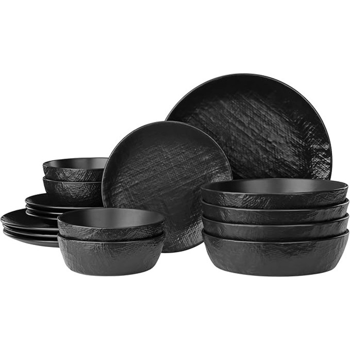 Set Vesela din Ceramica, Navaris, 16 piese, pentru 4 persoane, design texturat, modern, rezistent, compatibil cu masina de spalt si cuptor, Negru