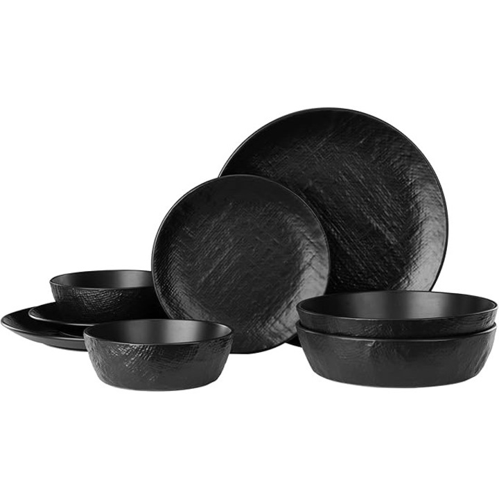 Set Vesela din Ceramica Premium, Navaris, 8 piese, pentru 2 persoane, design texturat, modern, rezistent, compatibil cu masina de spalt si cuptor, Negru
