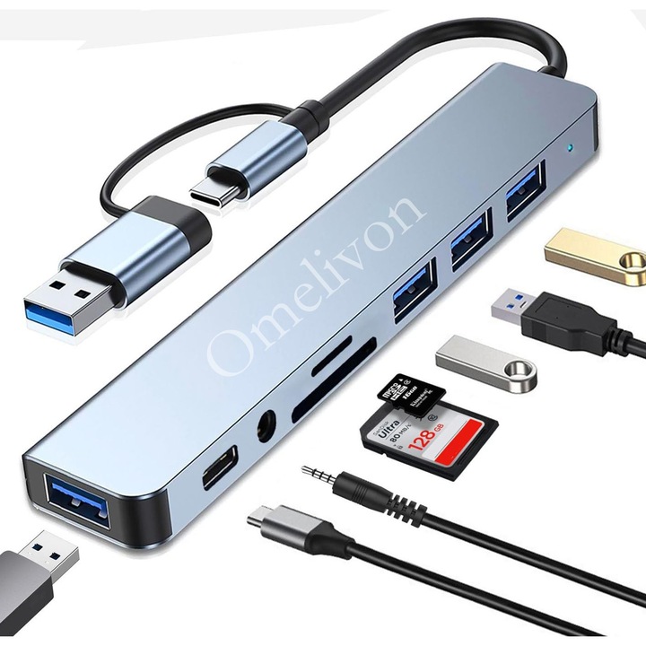 Adaptor Hub USB Type-C 3.0 Multiport 8-in-1 - 3.5 mm Jack Audio, 3 x USB 2.0 Type-A, 1 x USB 3.0 Type-A, SD/TF Card Reader, 1 x USB 3.0 Type-C data, Docking Station Laptop Apple MacBook Air/Pro, Lenovo, Dell, HP, Asus, Chromebook, Tableta, Gri, Omelivon