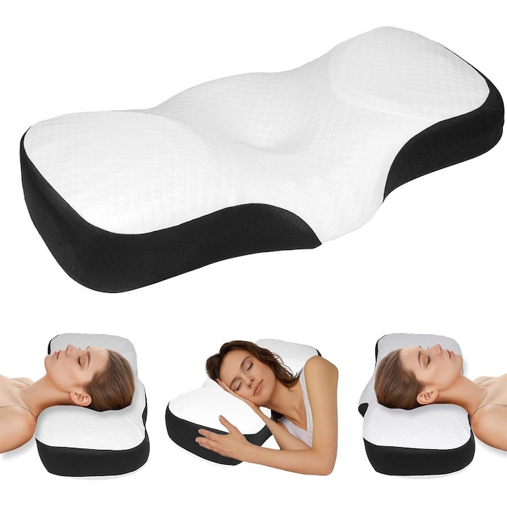 Perna ortopedica TodyJeyHo, spuma cu memorie, 57.2x13.5cm, suport cervical ergonomic, alb/negru