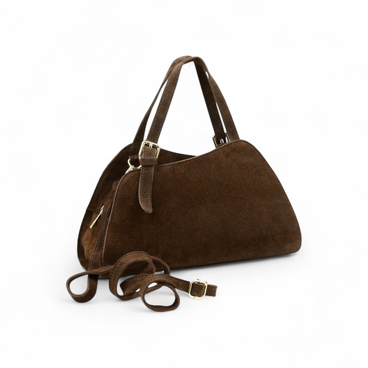 Geanta dama Moranti Luana-M din piele intoarsa, ciocolatiu, 2 buzunare, moale