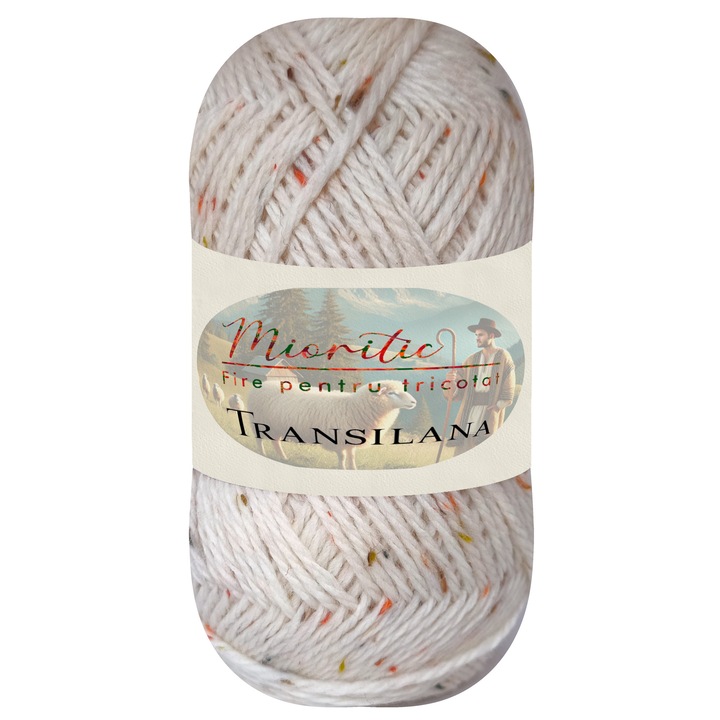 Fir pentru tricotat, Transilana, Mioritic, 100% lana, culoare Alb cu efect de culoare O5012, 125g, 208m