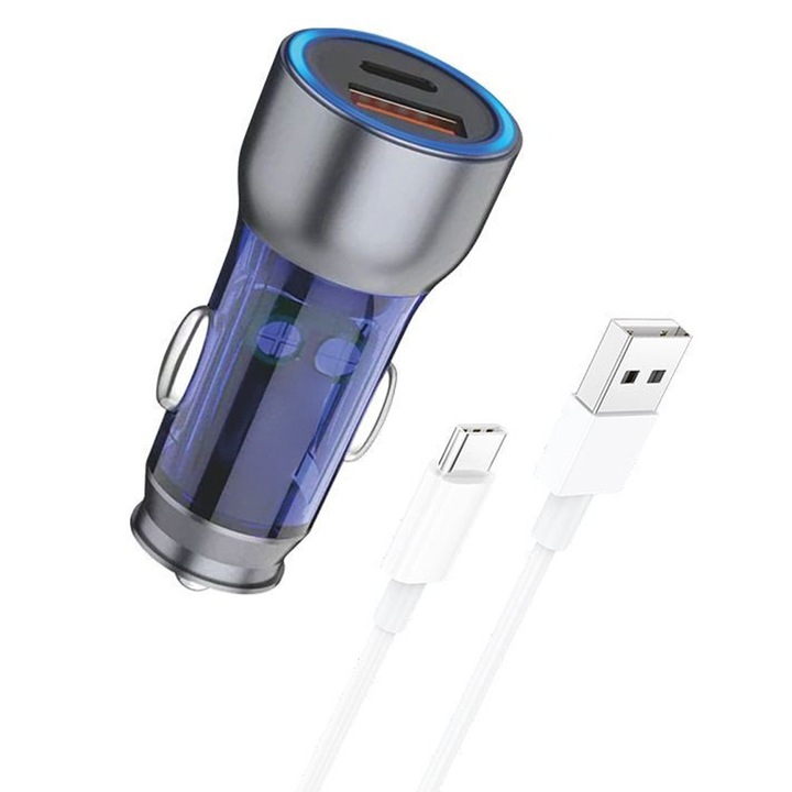 Incarcator auto rapid 52.5W, Cablu USB la USB-C inclus, 2 Porturi 1x USB-C si 1x USB-A, Incarcare rapida, Power Delivery + QC 3.0, Super fast charging, DaDen, Gri Albastru