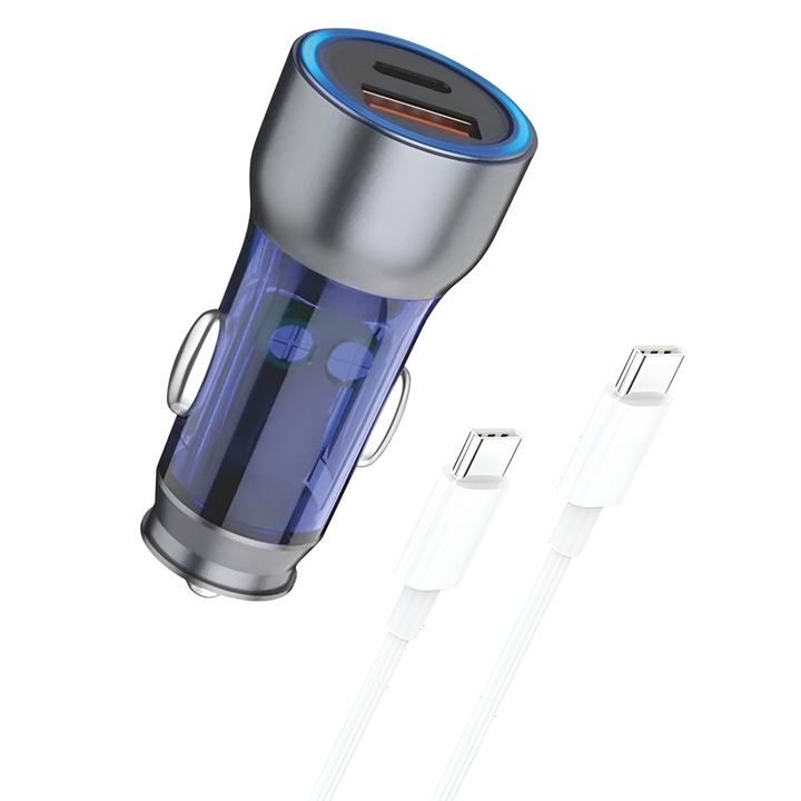 Încărcător auto rapid DD Daden 52.5W, 1x USB-C, 1x USB-A, Gri Albastru