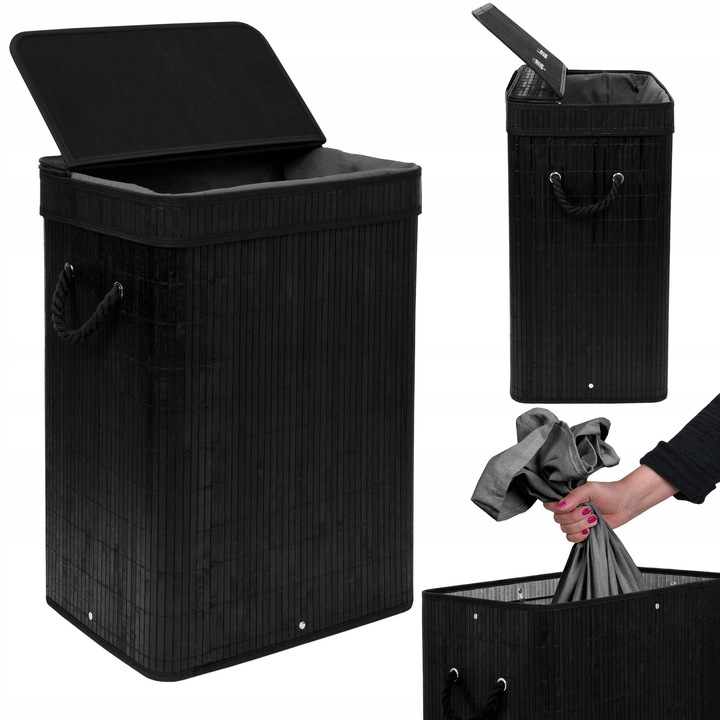 Бамбуков кош за пране с капак, 80 л, черен, пълен комплект