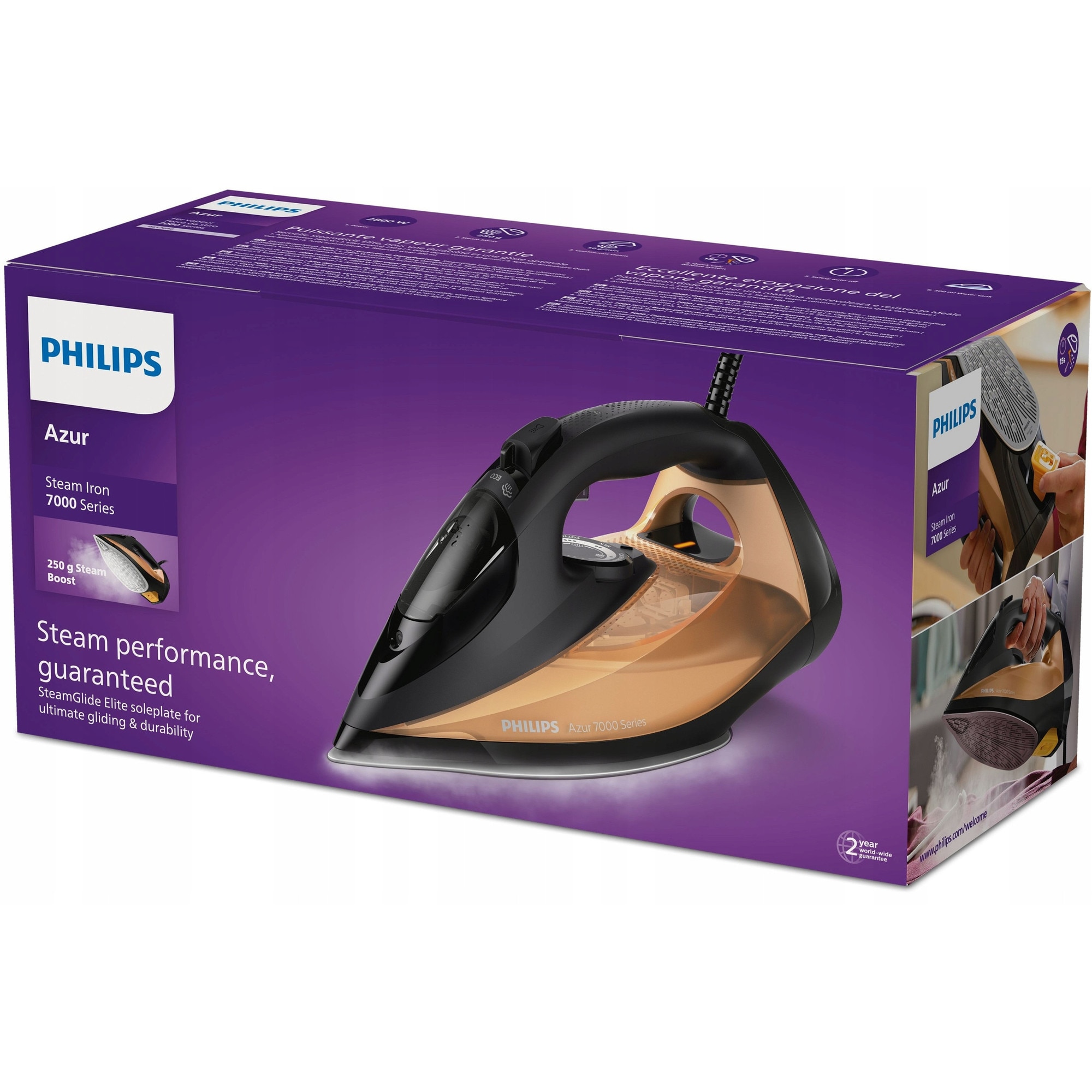 Fier de calcat Philips Azur 7000, 2800 W, 250 g/min abur, rezervor 300 ml, talpa SteamGlide Elite, 2 m