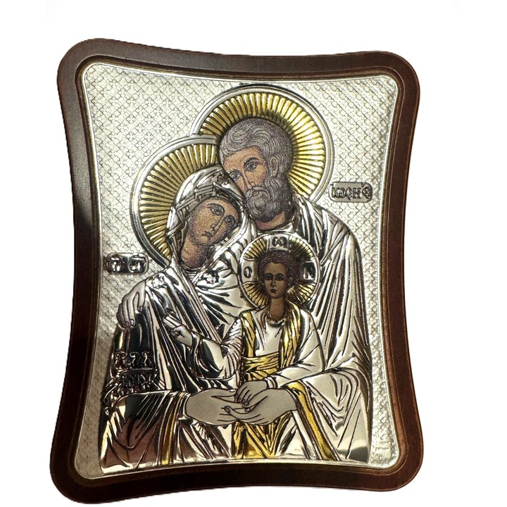 Ezüstözött Szent Család ikon, fa 8,5x10cm