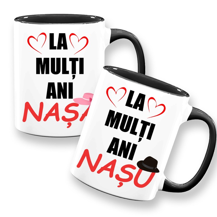 Set 2 cani personalizate cu mesaj:"La multi ani nasu/nasa", Betaprint, model 1, alba cu interior negru, 330ml