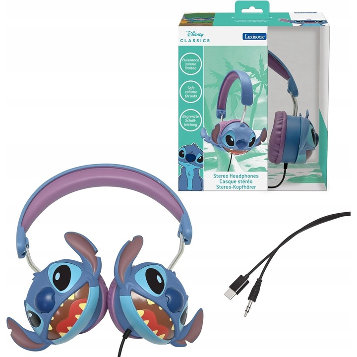 Casti cu fir, Lexibook, Lilo & Stitch, pliabile, cu reglare a volumului, albastru, 1,5m