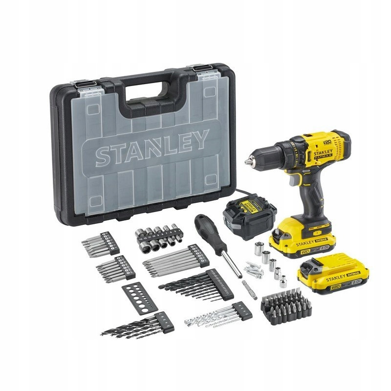 Stanley Fatmax 18V 2Ah akkumulátoros fúró-csavarozó, 2 sebességes, 100 tartozékkal, fekete, 4.5kg szett