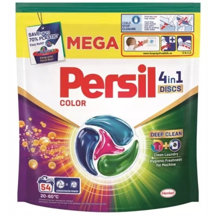 Mosószer Persil Discs 4 az 1-ben Color, 54 kapszula, biológiailag lebomló, hatékony 20-60°C-on