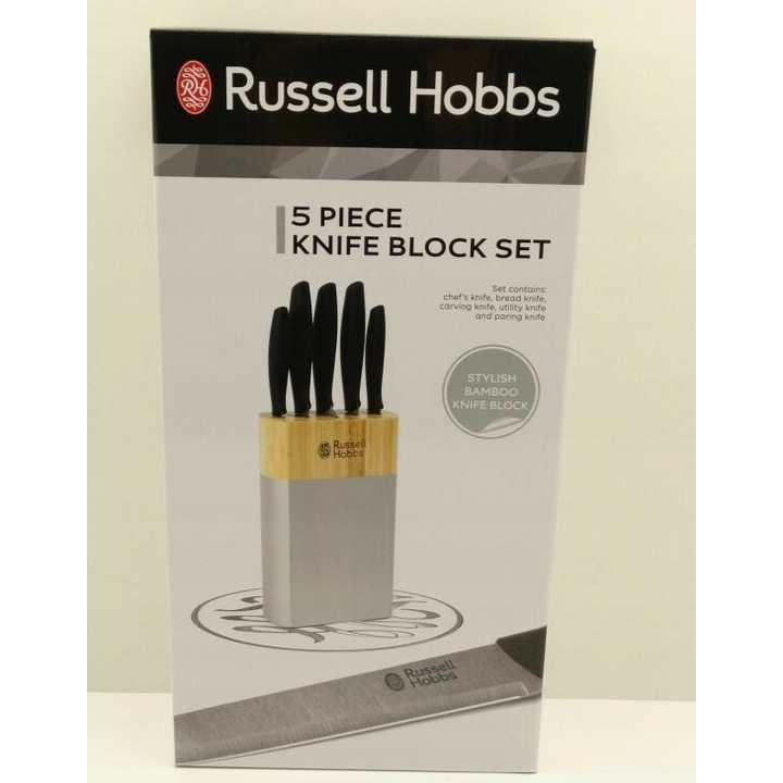 Set 5 cutite + suport Russell Hobbs, 6 piese, bloc din bambus, design modern, 15x7x22cm, negru