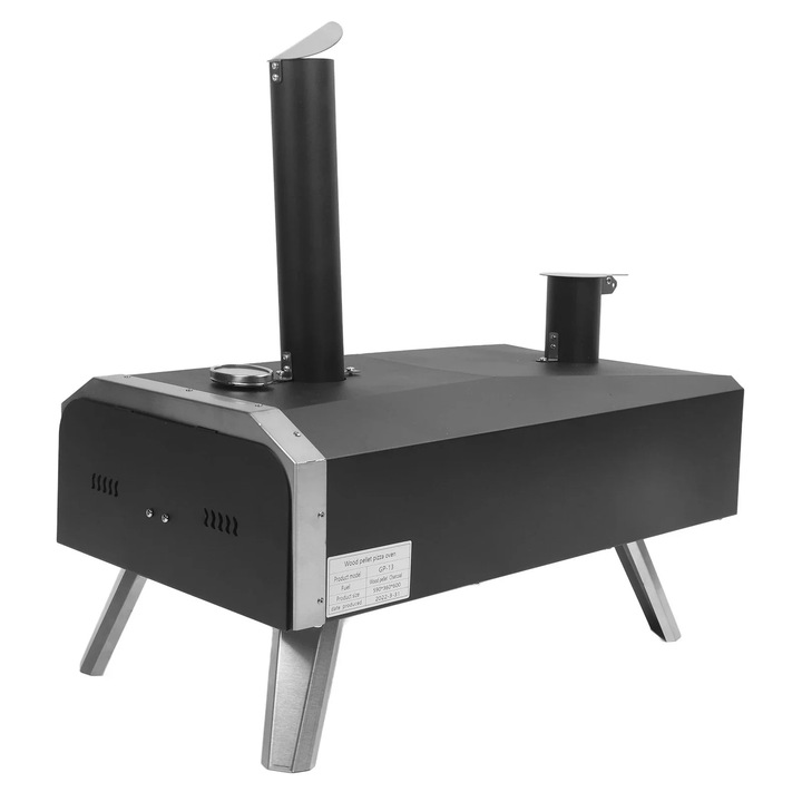 Kültéri pizzakemencé, hordozható rozsdamentes acél 30 cm, fatüzelésű, Max 400, fekete