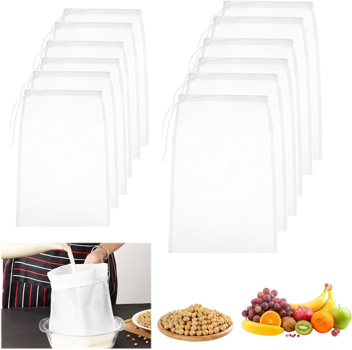 Set 12 saci filtrare lapte vegetal de migdale sau nuci, ceai, cafea, alimente, panza din nylon fina, reutilizabili, lavabili organic, 30 x 20 cm, 20 x 15 cm, albe