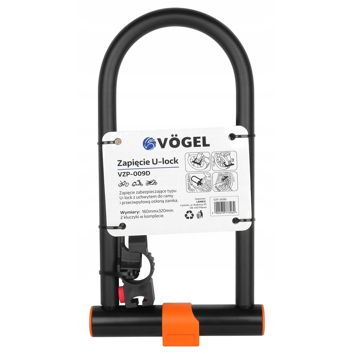 Vogel kerékpár lopásgátló U-lakat, 320x12mm, fekete-narancssárga, 2 kulccsal