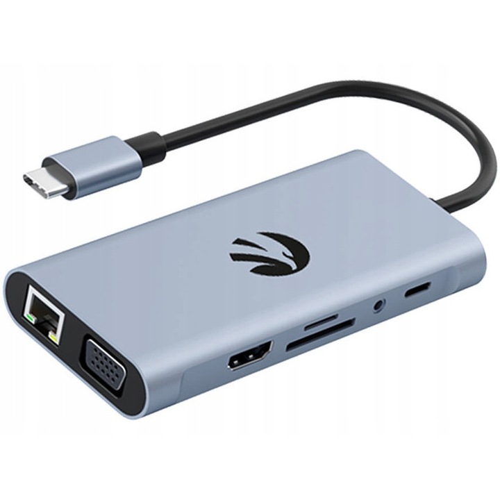 Хъб 11в1 USB Тип C, 4 порта USB 3.2, HDMI, VGA, RJ-45, Сребърен, 17.1x119.5x56мм
