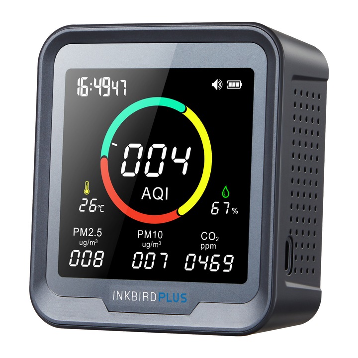 Monitor de calitate a aerului, INKBIRD, PTH-9A, Detecteaza CO2, PM2.5, AQI, Temperatura, Umiditate, Alarma