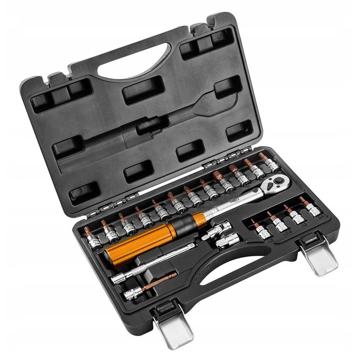 Set cheie dinamometrica 1/4" 5-25Nm NEO TOOLS, 21 piese, in valiza