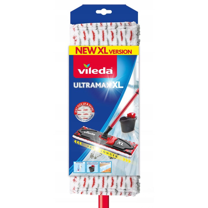 Vileda Ultramax Turbo XL моп за под, комплект с въртяща се кофа, 42 см, черно-червен