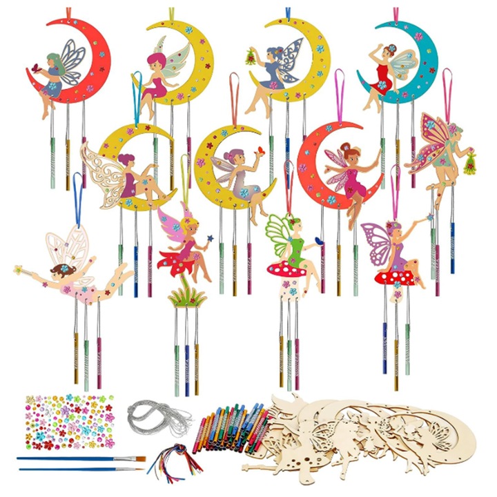 Kreatív anyagkészlet, Kézműves készlet gyerekeknek, Fa kreatív készlet, BOMSTOM, 64 darab, festés, rajzolás, gyerekeknek, 4-8 éveseknek