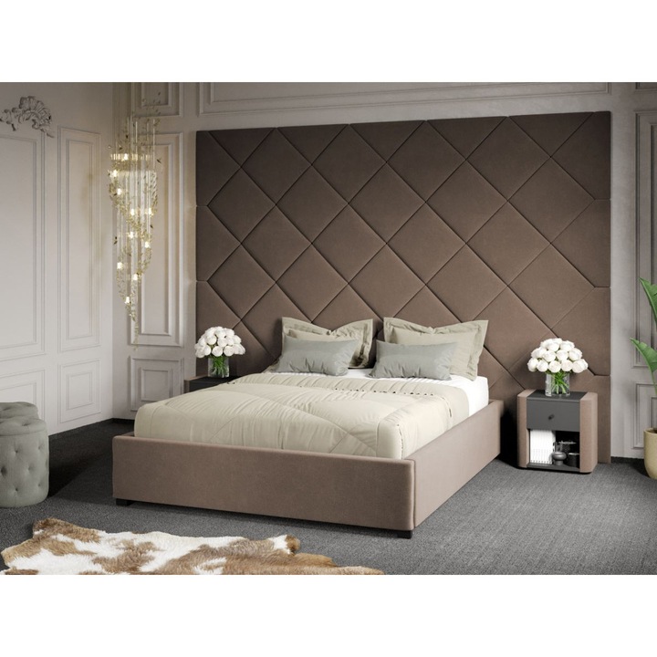 Pat Tapitat cu Panou, 305x228, C3, Dubai cu Somiera fixa, 160x200, Cappuccino/Velluto 29