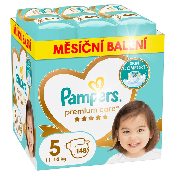 Комплект пелени Pampers Premium Care 148 части, двойна защита, бързо абсорбиране, размер 5, за чувствителна кожа