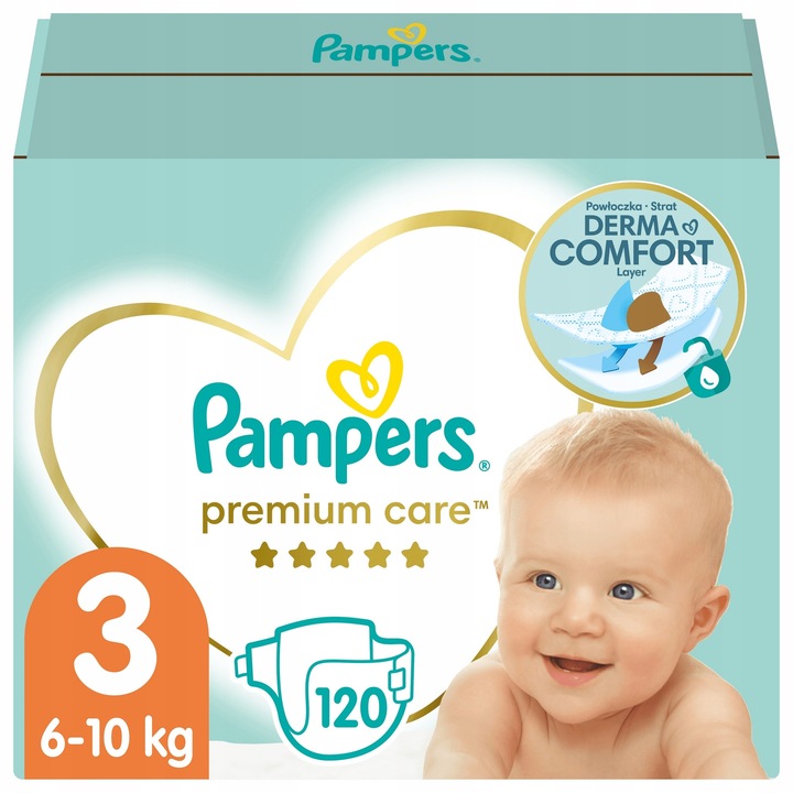 Пелени Pampers Premium Care 3 Midi, 120 броя, DERMACOMFORT, 12-часова защита, дерматологично тествани