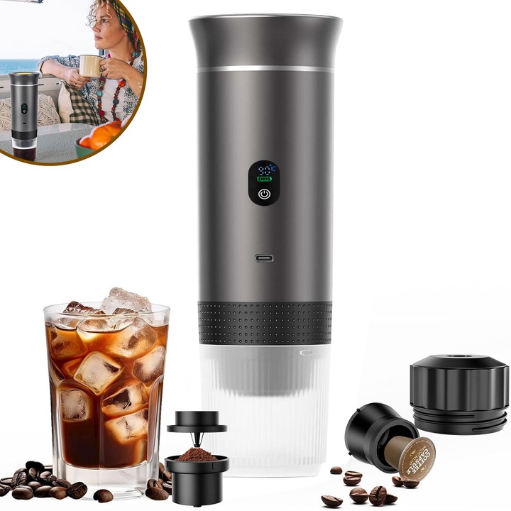 Espressor Portabil, Morovan, Premium 3 in 1, cu Acumulator, afisaj digital, 20 bar, 120ml, 7500mAh, Incarcare USB Type C, Compatibil cu capsule Nespresso, Dolce Gusto si cafea macinata, 200 de cesti, pentru camping si birou, Gri