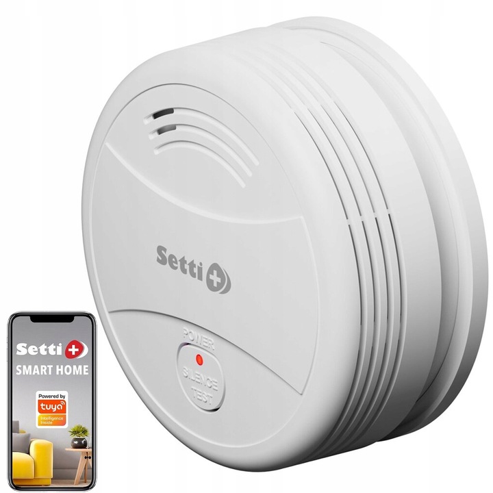 Füstérzékelő SETTI+ SS524, beépített Wi-Fi modul, 80dB, 107x48mm, hangriasztás+vizuális LED, kompakt kialakítás, fehér