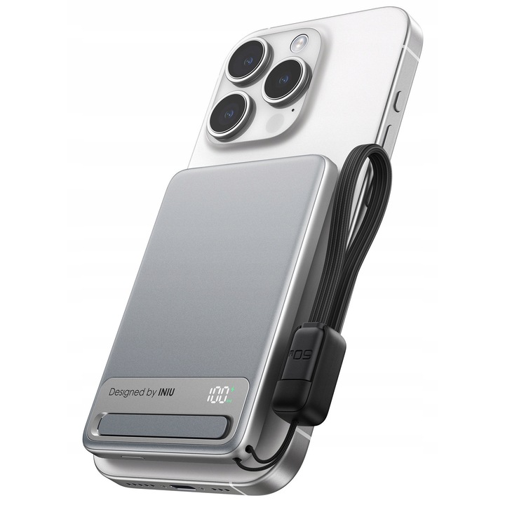 Induktív Powerbank 5000 mAh 15W, fehér, ultravékony, beépített tartóval