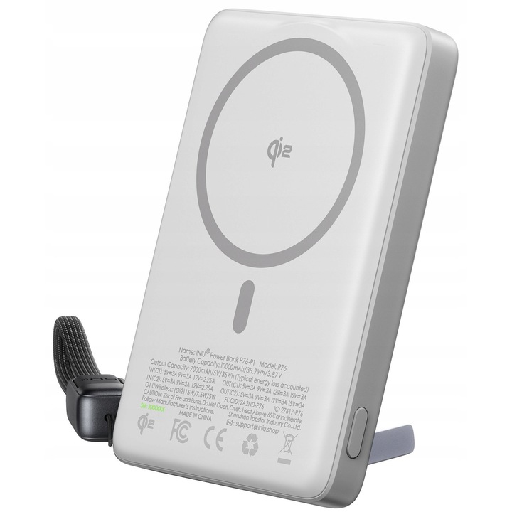 10000mAh 45W-os külső akkumulátor, Qi2, gyorstöltés, fehér, vékony