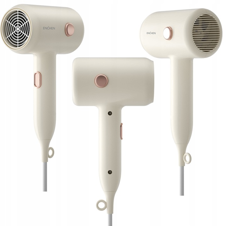 Uscator de par profesional cu ionizare, uscare rapida, Enchen Air 7, Alb, 1800W, 3 moduri (rece, cald, fierbinte), 30 milioane joni negativi, reducere zgomot, protectie supraincalzire, duza concentrator 360°, flux aer 12 m/s, design modern, compact