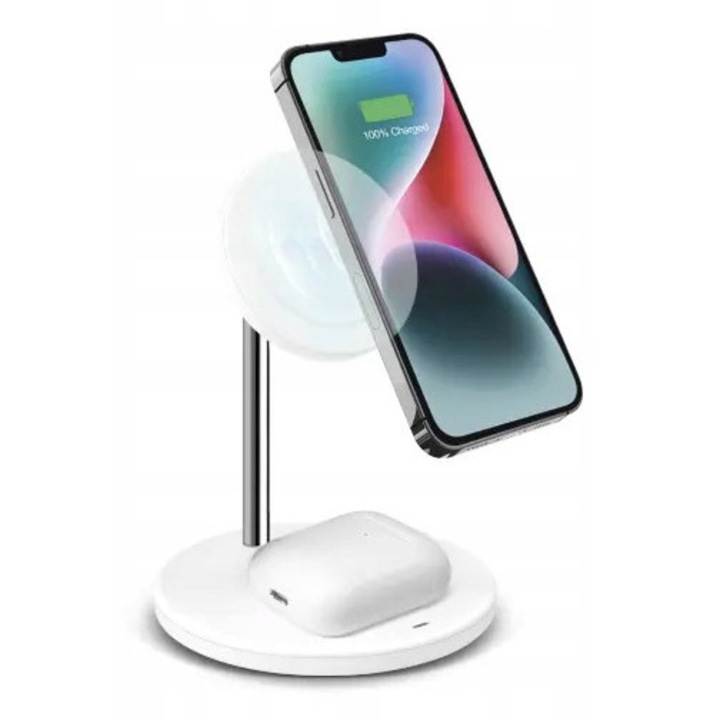 Incarcator inductiv 2in1, SBS, 15W, MagSafe, alb, pentru smartphone si smartwatch