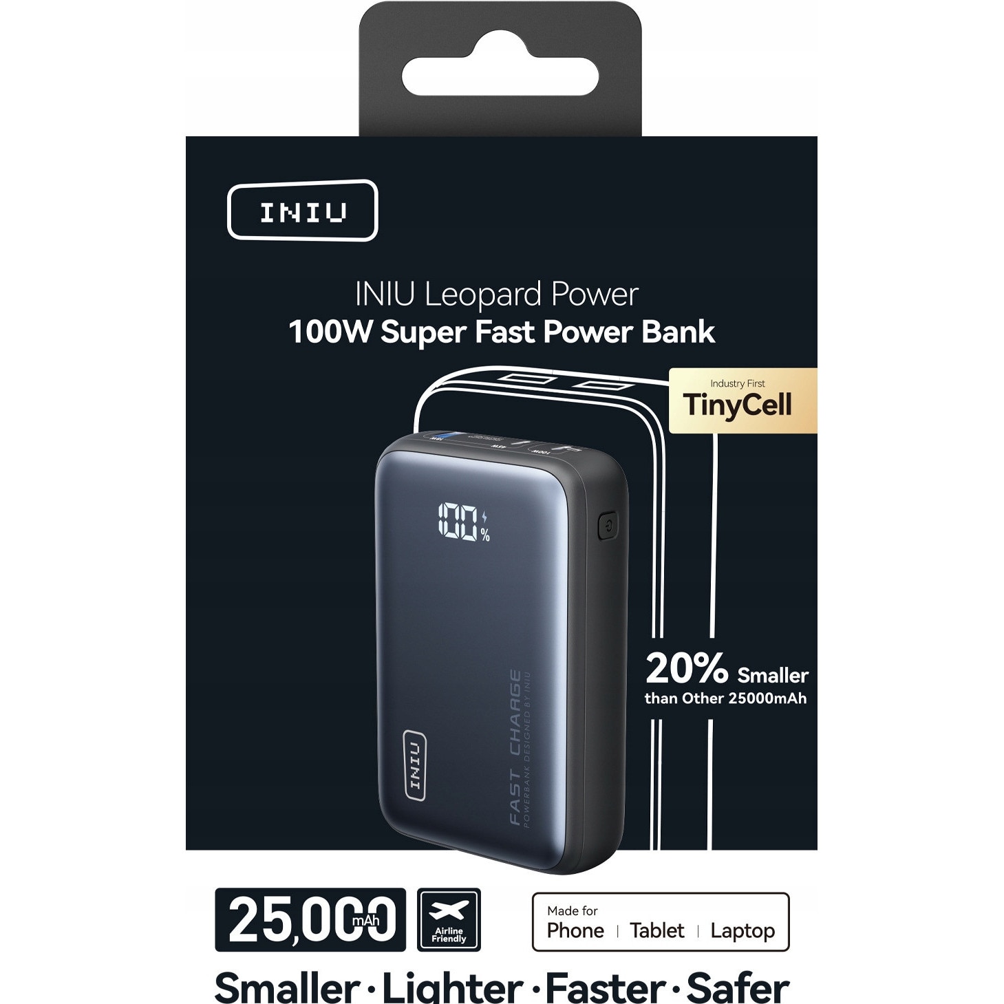 Powerbank 25000 mAh 100W, INIU, 3 porturi, negru, 110x70x36mm