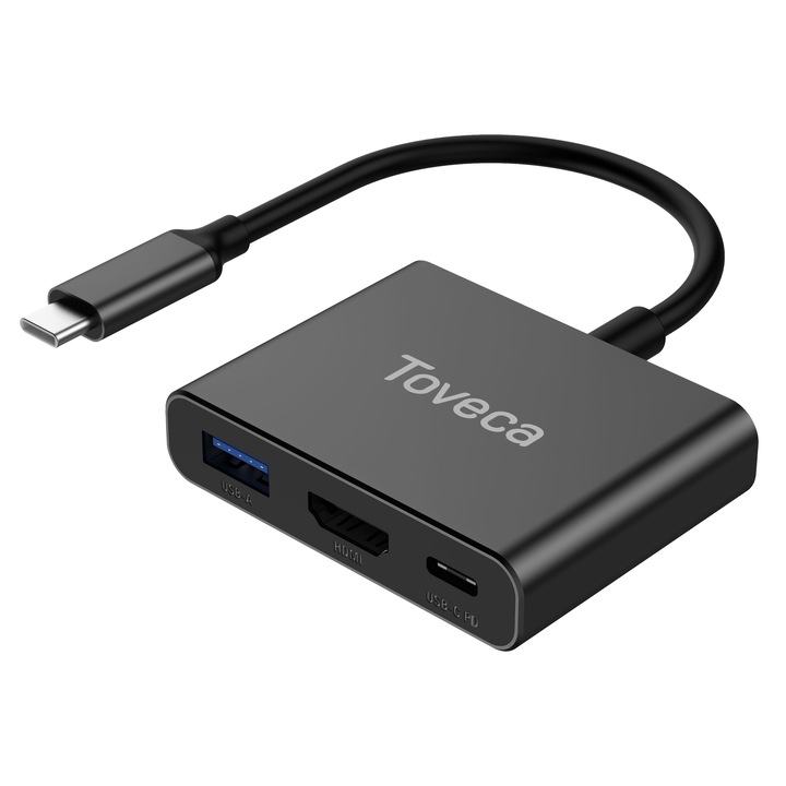Adaptor HUB USB-C 3in1, Toveca, Aluminiu Type-c la HDMI 4K, 1x USB-A 5 Gbps & USB-C 100W, Negru