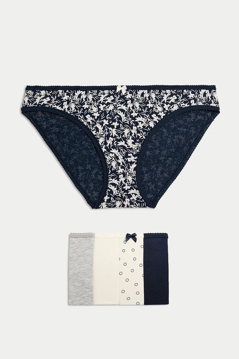 Marks & Spencer, Set de 5 perechi de chiloti cu imprimeu si model uni, Alb fildes/Gri deschis/Albastru ultramarin