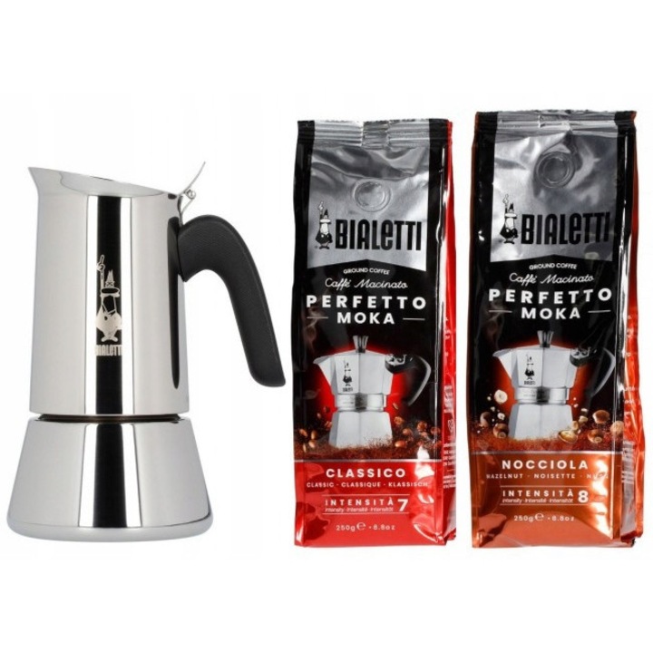 Експресор за котлон Bialetti Venus, сребрист, неръждаема стомана, 295мл, комплект с мляно кафе Perfetto Moka Classico 250g + Perfetto Moka Nocciola 250g