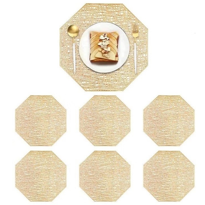 Set 6 Suporturi Farfurii TodyJeyHo, Polipropilena/Bumbac, Octogonale, Auriu, Rezistente la Caldura