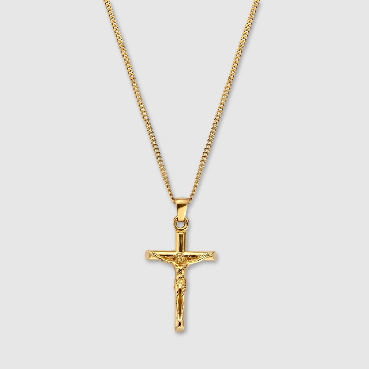 Lantisor cu Pandantiv Crucifix Cativo® - Pandantiv in Forma de Cruce, Micro Cuban Chain 50cm, Placat cu Aur 18K, Otel Inoxidabil 316L, Auriu