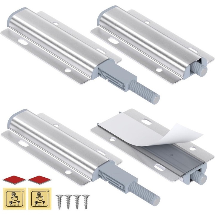 Set de 4 glisiere magnetice pentru sertare, Ronyes®, maner pentru usi de dulap cu deschidere prin apasare, maner pentru inchiderea sertarelor, dimensiuni 140x51mm, 89x45mm, alb