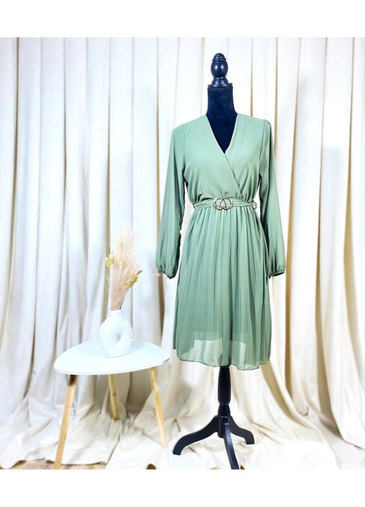 Дамска рокля, Миди, Плисирана, С връзки на талията, Каки