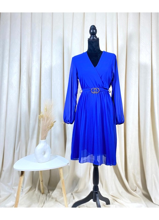 Дамска рокля, миди, плисирана, с връзки на талията, синя