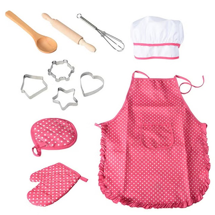 Set de bucatarie pentru copii cu sort in carouri, palarie, manusi, suport pentru vase fierbinti, sucitor si lingura din lemn, tel mic bucatar - perfect pentru jocuri de rol, roz + alb, +3 ani
