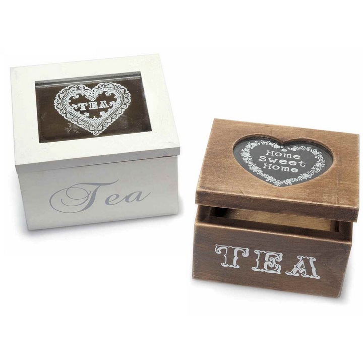 Set 2 cutii ceai lemn maro alb 10x8.5x7 cm