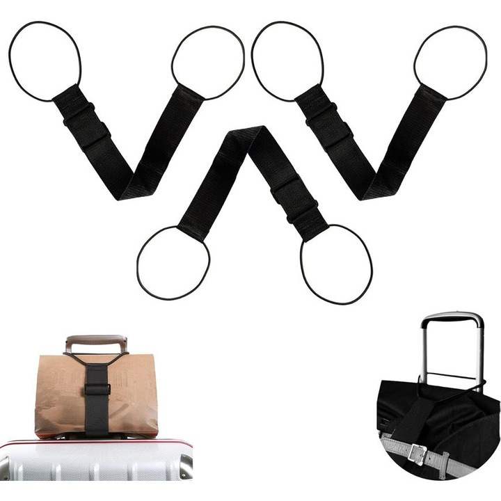Set 3 curele elastice ajustabile pentru bagaje TodyJeyHo, pentru fixare, negru