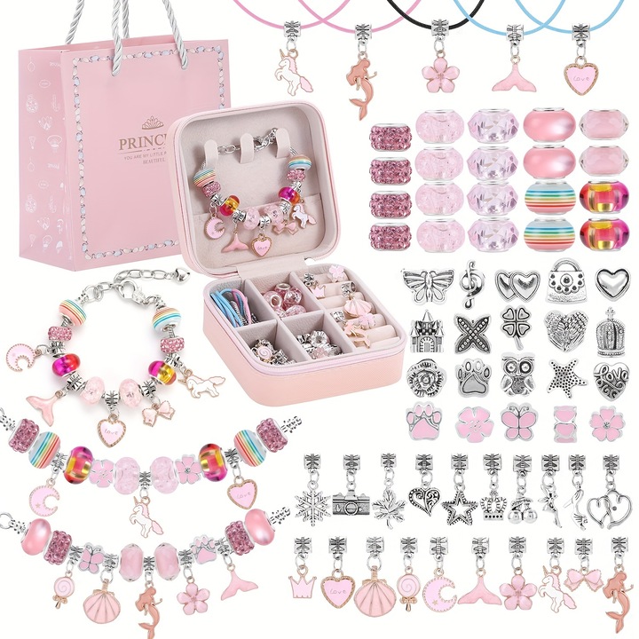 Karkötő készítő szett, karkötők és nyakláncok készítéséhez, 66 darab, gyöngyök és ékszerek, DIY karkötők, tárolódoboz, 5 év+, többszínű, 5 év Gyöngyök és ékszerek