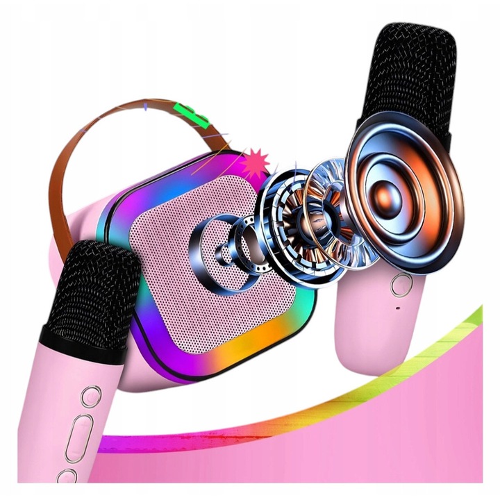 Karaoke szett gyerekeknek, 2 mikrofon, RGB hangszóró, Bluetooth, 11x11x6,5 cm